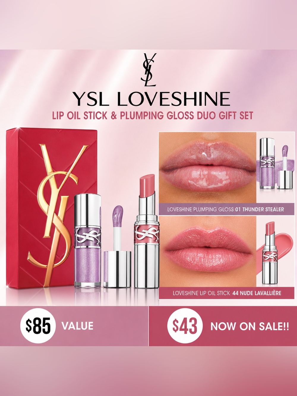 YSL Loveshine Lip Oil Stick & Plumping Gloss Duo Gift Set NIB $85 Value